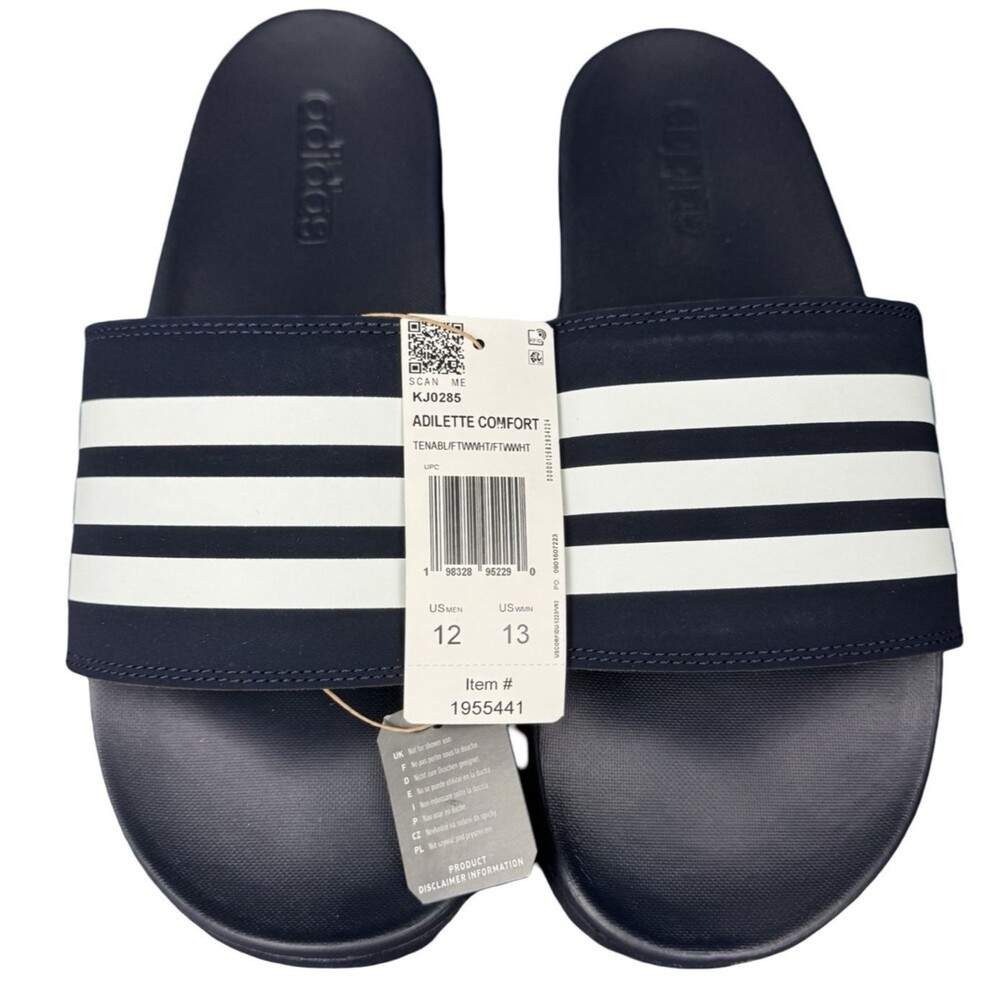 Adidas Adilette Comfort Mens Size 12 Slide Sandals Navy Blue White 1955441 New